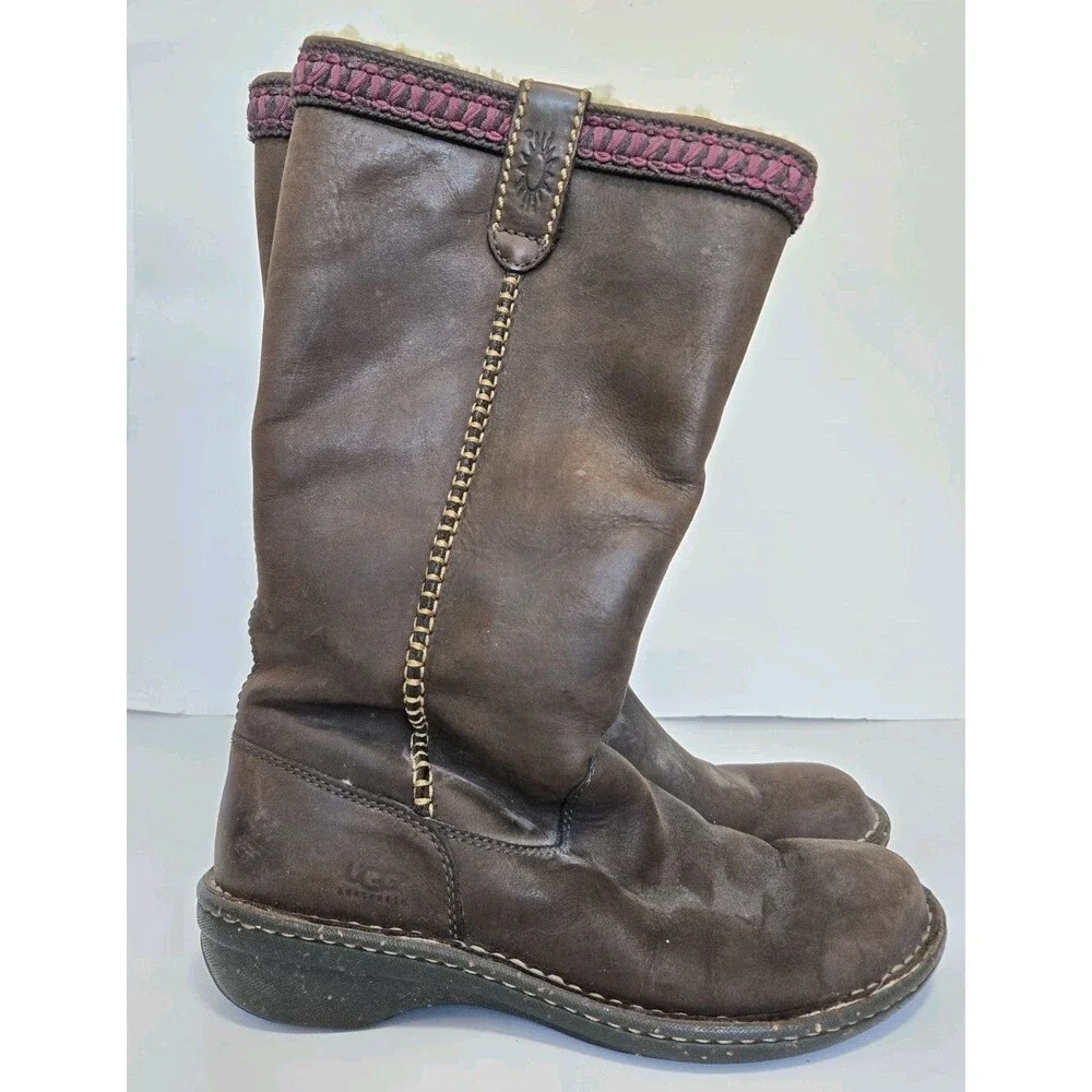 Ugg Boots Womens 8 Swell Tall Brown Leather Shearling Lined Winter Outdoor